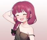  1girl blush bocchi_the_rock! bow braid closed_eyes collarbone flat_chest hair_bow hand_on_own_head highres hiroi_kikuri off_shoulder ohihil open_mouth red_hair sharp_teeth simple_background smile solo tank_top teeth upper_teeth_only 