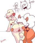  absurd_res alcremie anthro big_butt bikini blush bodily_fluids breasts butt canid canine clothing digital_media_(artwork) diicks duo english_text feet female female/female fingers food food_creature food_hair fruit fur generation_1_pokemon generation_8_pokemon goo_creature growlithe hair hair_over_eyes hi_res hisuian_form hisuian_growlithe huge_butt humanoid mammal nintendo open_mouth orange_body plant pokemon pokemon_(species) pokemon_legends_arceus red_eyes regional_form_(pokemon) simple_background smile soles strawberry sweat swimwear text thick_thighs toes video_games white_background wide_hips 
