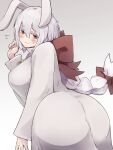  1girl animal_ears ass black_souls bow braid braided_ponytail breasts colored_eyelashes dress hair_between_eyes hair_bow highres large_breasts light_smile long_hair long_sleeves looking_at_viewer node_(black_souls) rabbit_ears rabbit_girl red_bow red_eyes solo white_dress white_hair yonaga_san 