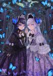 2girls absurdres bangs black_bow black_dress black_hair black_headwear black_vs_white blue_butterfly blue_eyes bonnet bow bug butterfly butterfly_hat_ornament dress earrings feet_out_of_frame flower_earrings frilled_sleeves frills full_moon gate gothic_lolita hat_ornament highres jewelry lace layered_sleeves light_particles lolita_fashion long_hair long_sleeves looking_at_viewer moon multiple_girls night original palms_together puffy_sleeves purple_eyes purple_lips sangatsu_(mitsuki358) skirt_hold skull smile white_bow white_dress white_hair white_headwear 