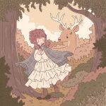  1girl boots brown_footwear brown_hair day deer kaiami looking_away messy_hair original outdoors short_hair solo standing tree 