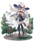  1girl absurdres arrow_(symbol) bag bangs blush bow broom cloak curly_hair dress drill_hair earrings floating floating_hair forest full_body ghost grey_hair hat hat_bow hat_ribbon highres holding holding_broom horn_ornament horn_ribbon horned_hat horns jewelry loafers long_hair looking_at_viewer nature nemari_(user_wtca7244) panilla_the_revival path red_eyes ribbon satchel shoes sign single_wrist_cuff sleeveless sleeveless_dress solo teresa_(panilla_the_revival) thighhighs tree twin_drills twintails underbust very_long_hair witch witch_hat wrist_cuffs 