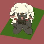  absurd_res anthro black_body bovid breasts caprine cupped_hands curly_fur female fur genitals hi_res mammal sheep solo tongue tongue_out white_body white_fur white_wool wool_(fur) 