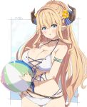  1girl ball beachball bikini blonde_hair blue_eyes blush breasts cleavage collarbone earrings flower granblue_fantasy hair_flower hair_ornament highres horns jewelry kichihachi large_breasts long_hair navel open_mouth pointy_ears razia solo swimsuit white_bikini 