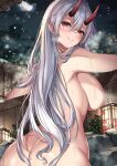  1girl ass back bangs bathing breasts cenangam fate/grand_order fate_(series) hair_between_eyes highres horns lantern large_breasts long_hair looking_at_viewer looking_back nude oni_horns onsen paper_lantern red_eyes red_horns rock sidelocks smile snow snowing solo steam tomoe_gozen_(fate) wet white_hair 