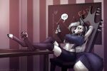  2022 anthro black_nose breasts canid chair cocofox collar digital_media_(artwork) female fur furniture graph grey_hair hair hand_behind_head helluva_boss hi_res holding_object holding_phone jasplyn loona_(helluva_boss) mammal on_chair pawpads phone red_sclera sitting sitting_on_chair smile solo spiked_collar spikes white_body white_fur 