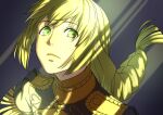  1girl aduti_momoyama bangs blonde_hair braid closed_mouth eyes_visible_through_hair fire_emblem fire_emblem:_three_houses floating_hair frown garreg_mach_monastery_uniform green_eyes green_pupils highres ingrid_brandl_galatea long_hair single_braid solo turtleneck uniform upper_body 