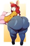  absurd_res anthro big_breasts big_butt black_sclera bottomwear breasts butt cake clothing dessert ear_piercing female food footwear hair hi_res holding_cake holding_food holding_object huge_breasts huge_butt huge_hips huge_thighs lagomorph leporid looking_at_viewer looking_back mammal open_mouth pants piercing rabbit red_hair regina_harrington shirt shoes solo thick_thighs topwear trinity-fate62 wide_hips yellow_eyes 