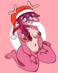  &lt;3 &lt;3_eyes anthro antlers areola big_breasts blue_eyes braided_hair breasts cel_shading cherry_(nyta) christmas christmas_clothing christmas_headwear clothing deer digital_media_(artwork) eyewear feet female fingers freckles fur genitals glasses hair hat headgear headwear heart_freckles holidays horn jammedvhs kneeling mammal multicolored_body multicolored_fur navel nipples nude pink_body pink_fur pink_hair pussy round_glasses santa_hat shaded simple_background smile solo thick_thighs two_tone_body two_tone_fur wide_hips 