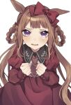  1girl animal_ears bangs blush bow_hairband brown_hair brown_necktie clenched_hands collared_dress dress hair_rings hairband hand_up highres horse_ears long_hair looking_at_viewer necktie open_mouth papuchi_(papri_pa) purple_eyes red_dress simple_background solo sweep_tosho_(umamusume) tearing_up twintails umamusume upper_body white_background 