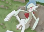  albino blush flaccid foreskin gallade generation_4_pokemon genitals hair humanoid_genitalia itszabba looking_at_viewer male nintendo penis pokemon pokemon_(species) relaxing rock sitting sitting_on_ground smile solo video_games 