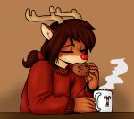  2022 anthro antlers beverage brown_background candy chocolate clothed clothing color_edit colored container cookie cup deer dessert digital_media_(artwork) eating eyes_closed female food fur hair hi_res horn hot_chocolate linkido mammal mug new_world_deer ponytail red_clothing red_nose red_sweater red_topwear reindeer rue_(the-minuscule-task) simple_background solo steam sweater the-minuscule-task third-party_edit topwear 