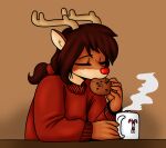  2022 anthro antlers beverage brown_background candy capreoline chocolate clothed clothing color_edit colored cookie deer dessert digital_media_(artwork) eating edit eyes_closed female food fur hair hi_res horn hot_chocolate linkido mammal mug ponytail red_clothing red_nose red_sweater red_topwear reindeer rue_(the-minuscule-task) simple_background solo steam sweater the-minuscule-task topwear 