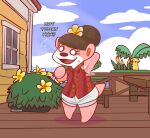  animal_crossing armpit_fetish bodily_fluids brown_hair clothed clothing crushpepper detailed_background dialogue english_text female fully_clothed hair hair_bun hi_res lottie_(animal_crossing) mammal mustelid nintendo otter pink_body raised_arm sweat tagme text video_games 
