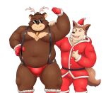  2022 anthro bear belly brown_body bulge canid canine canis christmas christmas_clothing christmas_headwear clothing costume duo eyewear gumpang0 hat headgear headwear hi_res holidays humanoid_hands kemono male mammal moobs one_eye_closed overweight overweight_male santa_costume santa_hat sunglasses suspenders underwear wink wolf 