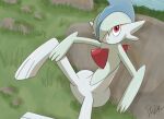  albino gallade generation_4_pokemon hair itszabba looking_at_viewer male nintendo pokemon pokemon_(species) relaxing rock sitting sitting_on_ground smile solo video_games 