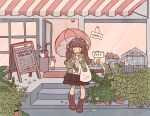  1girl blush boots bow brown_footwear brown_hair cat day food hair_bow holding holding_food holding_umbrella kaiami long_hair original outdoors plant potted_plant red_bow shop solo umbrella 
