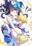  1girl absurdres animal_ears black_hair blue_archive blush breasts cheerleader cleavage dog_ears facial_mark goggles goggles_on_head hibiki_(blue_archive) hibiki_(cheerleader)_(blue_archive) highres liyom long_hair navel open_mouth panties pleated_skirt pom_pom_(cheerleading) purple_eyes simple_background skirt solo underwear white_background 