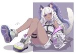  1girl animal_ears dark-skinned_female dark_skin grey_hair highres horns jacket kichihachi knees_up long_hair looking_at_viewer open_clothes open_jacket open_mouth project_blue_(vtuber) purple_eyes shirt shoes shorts sitting smile solo sugar_glider_(project_blue) tail thick_eyebrows thigh_strap virtual_youtuber white_hair white_jacket white_shirt white_shorts 