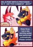  canid canine comic dialogue duo english_text fox fur glassshine hi_res holding_object holding_phone hubert_(glassshine) looking_at_another machine mammal open_mouth phone protogen red_body red_fur text yellow_body yellow_fur 
