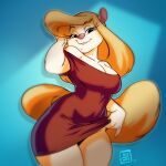  2022 animaniacs anthro big_breasts blonde_hair breasts cleavage clothed clothing dress eyelashes female fur hair hi_res long_eyelashes mammal minerva_mink mink mustelid musteline rayjay red_clothing red_dress signature solo tight_clothing true_musteline warner_brothers white_body white_fur yellow_tail 