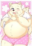  2022 anthro belly big_belly blush bulge canid canine canis clothed clothing clothing_lift domestic_dog hi_res humanoid_hands kemono male mammal mau_(artist) one_eye_closed overweight overweight_male shirt shirt_lift solo topwear underwear wink 