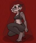  anthro bottomwear bra breasts claws clothed clothing crouching dragon female grey_body grey_hair grey_scales hair hi_res horn krim_hue midriff pants scales scalie solo sports_bra sportswear underwear wingless_dragon yoga_pants 