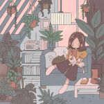  1girl book brown_hair cat coffee_table holding holding_book indoors kaiami long_sleeves open_book original plant potted_plant reading short_hair sitting socks solo table white_socks 