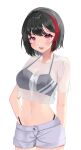  1girl absurdres bang_dream! bangs bikini black_hair blush breasts cleavage crop_top highres kaho_oco large_breasts mitake_ran multicolored_hair navel open_mouth red_eyes red_hair see-through see-through_shirt shirt short_hair shorts solo streaked_hair swimsuit t-shirt two-tone_hair v-shaped_eyebrows 