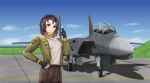  1girl absurdres aircraft airplane blue_sky bomb bomber_jacket brown_hair brown_shorts cloud earhart_(girls&#039;_frontline_nc) explosive f-15_eagle fighter_jet fingerless_gloves girls&#039;_frontline_neural_cloud gloves grass green_jacket grey_shirt headset highres jacket jet looking_at_viewer military military_vehicle red_eyes runway scarf shirt short_shorts shorts sky solo undercoder 