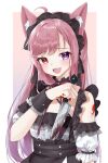  1girl :3 :d absurdres animal_ears bangs blood blood_on_knife blush collar detached_collar detached_sleeves fang frilled_collar frills hairband heterochromia highres holding holding_knife kaho_oco knife lolita_fashion lolita_hairband long_hair mikeneko_(utaite) neck_ribbon niconico open_mouth parted_bangs pink_eyes pink_hair purple_eyes reverse_grip ribbon smile solo wrist_cuffs 