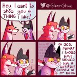  canid canine comic dialogue duo english_text felid feline fox fur glassshine hi_res holding_object hubert_(glassshine) looking_at_object mammal necktie red_body red_fur simple_eyes steve_(glassshine) text white_body white_fur 