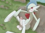  albino blush erection gallade generation_4_pokemon genitals hair humanoid_genitalia itszabba looking_at_viewer male nintendo penis pokemon pokemon_(species) relaxing rock sitting sitting_on_ground smile solo video_games 