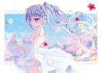  1girl 2019 artist_name bangs bare_arms bare_shoulders blue_eyes blue_hair blue_sky blush border braid breasts choker cleavage clothes_lift comiket_96 commentary_request copyright_request cowboy_shot dress dress_lift earrings falling_flower floating_hair flower frilled_bracelet frilled_choker frills from_side hands_up hibiscus izumi_tsubasu jewelry long_hair medium_breasts no_bra outdoors panties ponytail red_flower side-tie_panties sidelocks sky smile solo standing strap_slip sundress twin_braids underwear white_border white_dress white_panties yellow_flower 