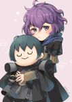  1girl bernadetta_von_varley blush byleth_(fire_emblem) byleth_(fire_emblem)_(male) character_doll doll fire_emblem fire_emblem:_three_houses garreg_mach_monastery_uniform holding holding_doll messy_hair purple_eyes purple_hair short_hair tefutene 