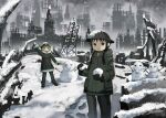  2girls black_eyes black_gloves black_hair blonde_hair blue_eyes chito_(shoujo_shuumatsu_ryokou) coat gloves green_coat green_pants long_hair long_sleeves looking_at_viewer mituhati multiple_girls outdoors pants scenery shoujo_shuumatsu_ryokou snow snowball snowing snowman twintails yuuri_(shoujo_shuumatsu_ryokou) 