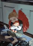  1boy aged_down barefoot beer_can blonde_hair boku_no_hero_academia can commentary commentary_request feathered_wings green_pants hawks_(boku_no_hero_academia) highres holding holding_stuffed_toy indoors kitchen male_child male_focus megechan on_floor pants red_wings shirt short_hair sitting stuffed_toy towel wings wooden_floor 