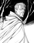  1boy askeladd beard cloak closed_mouth facial_hair frkdlsch_draws furrowed_brow goatee greyscale hair_slicked_back highres hood hood_down hooded_cloak looking_at_viewer looking_back male_focus mature_male monochrome short_hair solo upper_body vinland_saga 