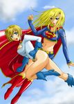  2girls akutanoe blonde_hair blue_eyes blue_gloves blue_shoes boots cape dc_comics female flying gloves highres kryptonian midriff multiple_girls open_mouth power_girl red_cape red_shoes shoes short_hair supergirl superman_(series) tank_top tanktop 