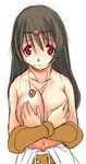  amulet circlet covering covering_breasts druaga_no_tou hayase_yuuichirou ki_(druaga) red_eyes solo 