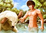  akamaru_(naruto) dog inuzuka_kiba lowres male male_focus naruto nature nude usaki-ikasu water 