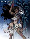  black_hair disney jewelry knife leaves long_hair monster open_legs pocahontas pocahontas_(disney) princess raccoon scratched_body skull spear torn_dress tree yellow_eyes 