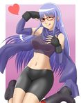 ;p bike_shorts blush boots breasts brown_eyes female fingerless_gloves fishnets gintama glasses gloves goriate gradient gradient_background heart kneeling long_hair midriff navel one_eye_closed purple_hair sarutobi_ayame scarf shorts skin-tight skin_tight solo spandex tongue tongue_out wink 