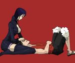  1boy 1girl black_hair boots breasts cleavage dress high_heel_boots high_heels lap_pillow laying lying monkey_d_luffy nico_robin on_back one_piece polka_dot polka_dot_dress red_background sandals shorts simple_background vest wachatora_(araream) 