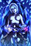  belt black_hair black_legwear blue breasts cape choker closed_eyes fantasy fur highres ice large_breasts long_hair marky_(shining_force) multiple_girls navel red_eyes shining_(series) shining_force_iii short_hair silver_hair smile sorceress thighhighs tokidoki wand 