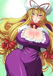  blonde_hair blush breasts cleavage female gloves hat highres hips huge_breasts long_hair musashino_sekai purple_eyes smile touhou very_long_hair white_gloves wide_hips yakumo_yukari 