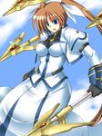  blue_eyes brown_hair female fingerless_gloves girl gloves listless_time lyrical_nanoha mahou_shoujo_lyrical_nanoha mahou_shoujo_lyrical_nanoha_strikers ment sky takamachi_nanoha weapon 