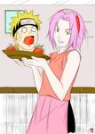  apple apron artist_request bike_shorts blonde_hair decapitation flat_chest food fruit guro haruno_sakura headband naruto o_o open_mouth pink_hair praying_mantis sbel02 smile sweat uzumaki_naruto 