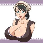  areola_slip areolae black_hair blue_eyes breasts cattleya cleavage female goriate huge_breasts nipple_slip open_mouth queen&#039;s_blade queen's_blade solo sweat white_background 
