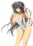  aqua_eyes black_hair breasts clannad female food highres ice_cream legs long_hair official_art sakagami_tomoyo smile solo swimsuit thighs tongue white_background white_swimsuit 